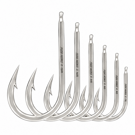 FUDO Super Ocean Kona Cut Needle Eye fishing hooks showing different hook sizes and point designs