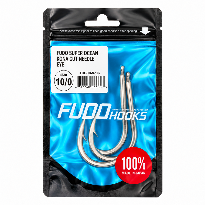 Load image into Gallery viewer, FUDO Super Ocean Kona Cut Needle Eye 10/0 offshore fishing hooks in original Japanese packaging, 2 hooks per pack
