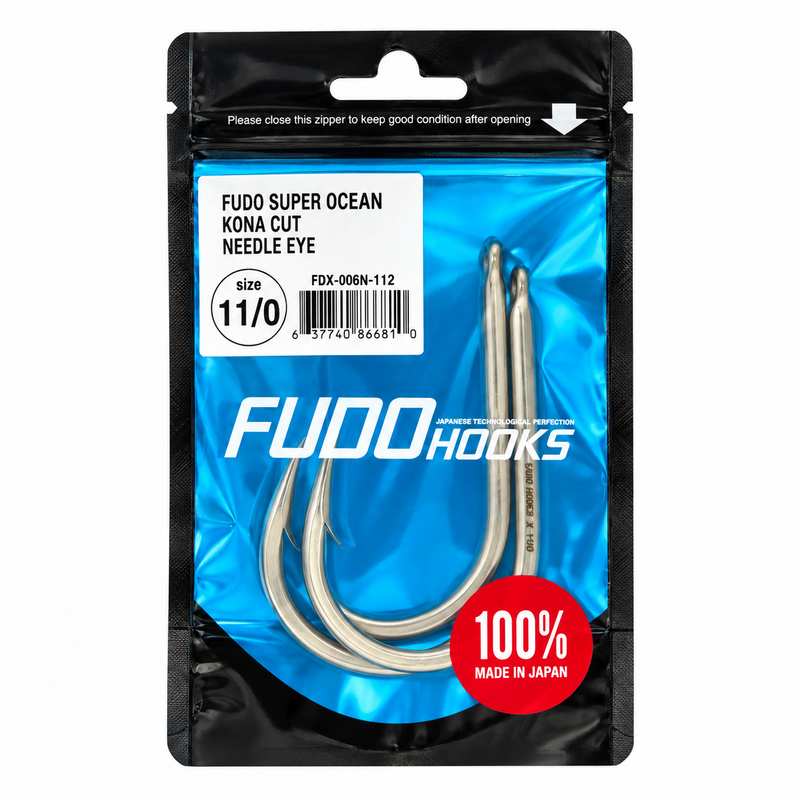 Load image into Gallery viewer, FUDO Super Ocean Kona Cut Needle Eye 11/0 offshore fishing hooks in original Japanese packaging, 2 hooks per pack
