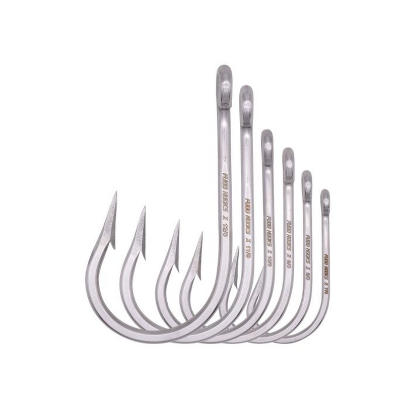 Load image into Gallery viewer, FUDO Super Ocean Tuna Ringed Eye fishing hooks in multiple sizes showing hook shape, ringed eye design, and size comparison.
