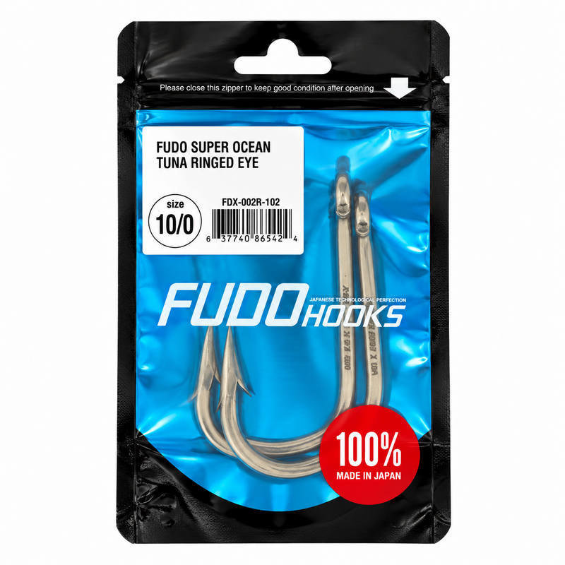 Load image into Gallery viewer, FUDO Super Ocean Tuna Ringed Eye 10/0 offshore fishing hooks in original Japanese packaging, 2 hooks per pack
