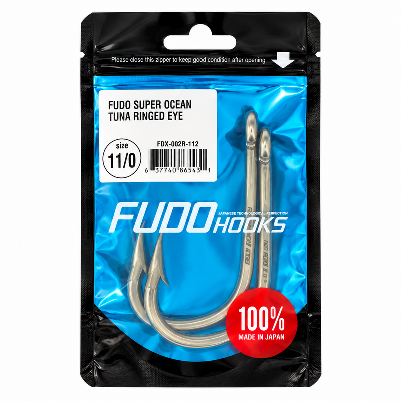 Load image into Gallery viewer, FUDO Super Ocean Tuna Ringed Eye 11/0 offshore fishing hooks in original Japanese packaging, 2 hooks per pack
