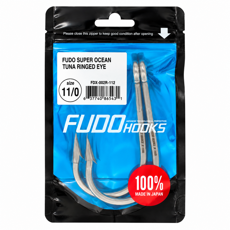 Load image into Gallery viewer, FUDO Super Ocean Tuna Ringed Eye 11/0 fishing hooks in original blue and black packaging, 2 hooks per pack, made in Japan.
