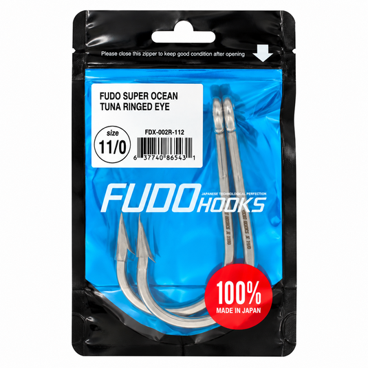 FUDO Super Ocean Tuna Ringed Eye 11/0 fishing hooks in original blue and black packaging, 2 hooks per pack, made in Japan.