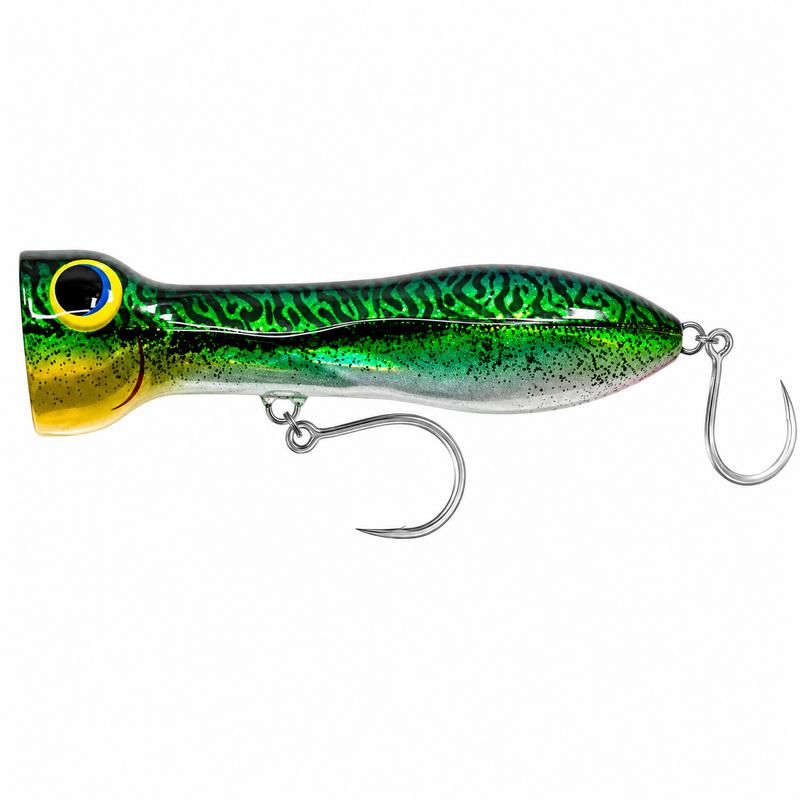 Load image into Gallery viewer, Green Mack popper fishing lure with two single hooks
