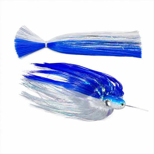 Gulfstream Zoom Witch Blue/White mylar trolling lure with 3D eye — 1.5oz for wahoo and mahi