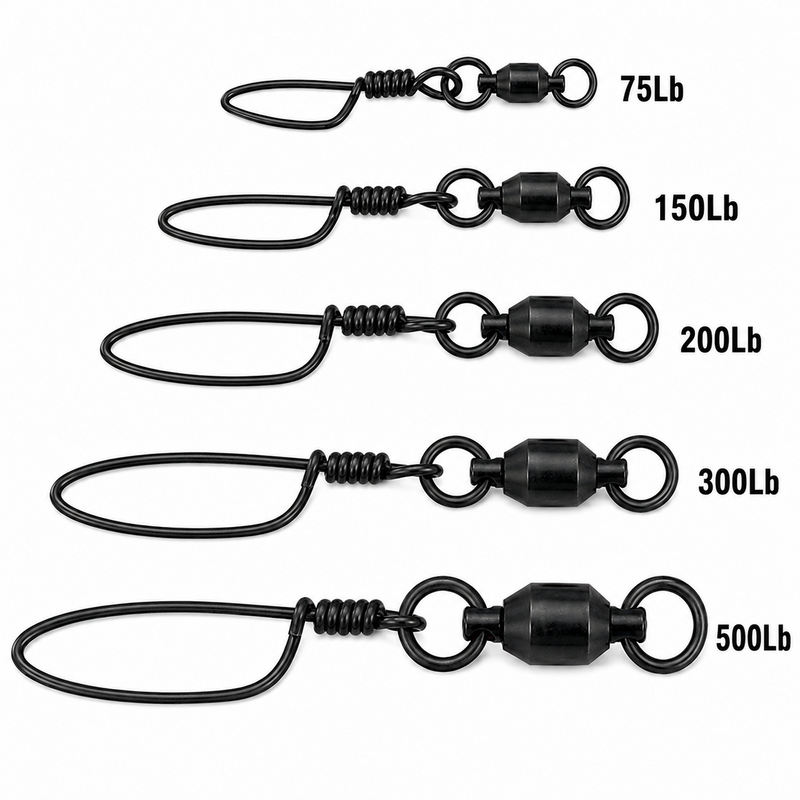 Load image into Gallery viewer, Heavy duty fishing snap swivels in 75 lb, 150 lb, 200 lb, 300 lb and 500 lb sizes
