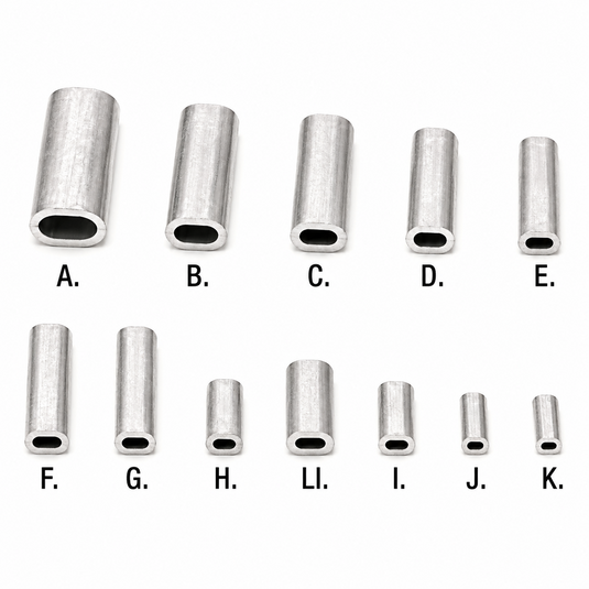 Jinkai aluminum crimp sleeve size chart showing sizes A through K with LI sleeve
