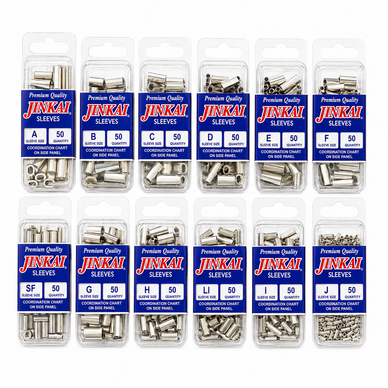 Load image into Gallery viewer, Jinkai aluminum fishing sleeves and crimps in multiple sizes for offshore leader rigging
