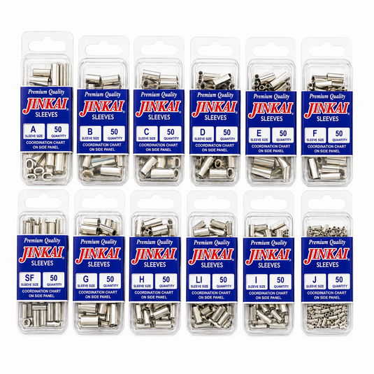 Jinkai aluminum fishing sleeves and crimps in multiple sizes for offshore leader rigging