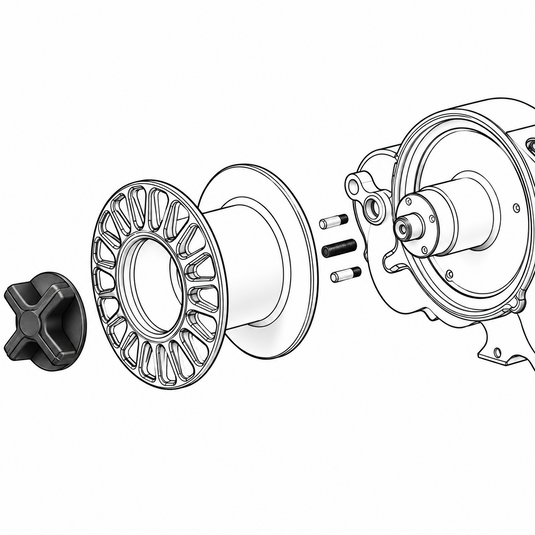 Lindgren-Pitman electric reel exploded spool assembly with spool nut and hardware