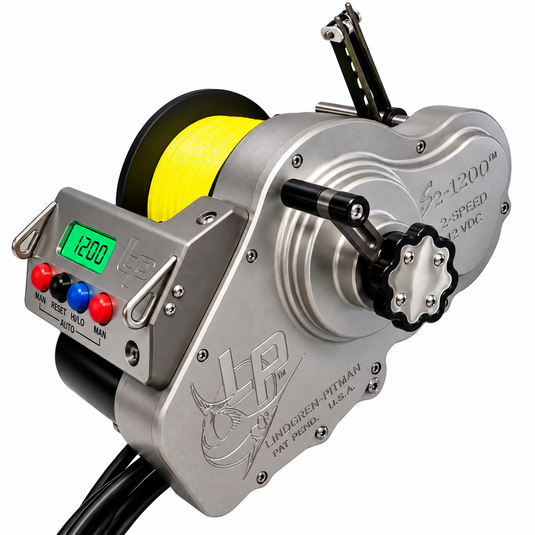 Lindgren-Pitman S2-1200 commercial electric reel side view with 12V controls and yellow line spool