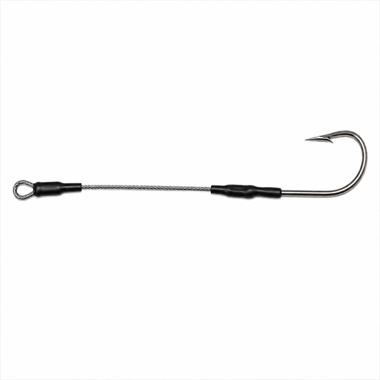 LMR custom single hookset on stainless steel cable — Mustad 7691D hook for high-speed wahoo trolling