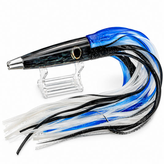 LMR Wahoo Trolling Dart Black Emerald Blue Lightning 5 oz with blue, black and white skirts