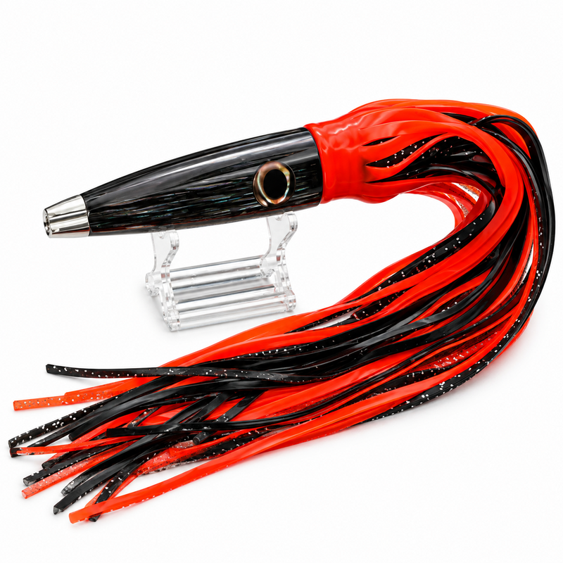 Load image into Gallery viewer, LMR Wahoo Trolling Dart Black Emerald Redline 5 oz with red and black skirts
