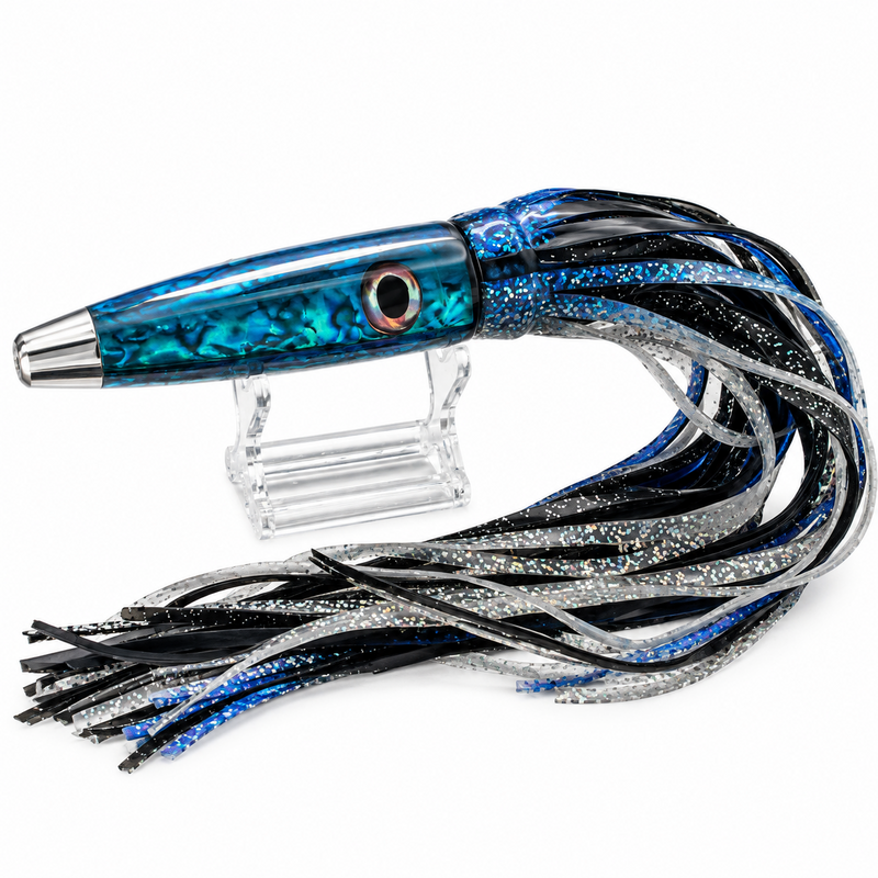Load image into Gallery viewer, LMR Wahoo Trolling Dart Blue Abyss Black Ice 5 oz with black, blue and silver skirts
