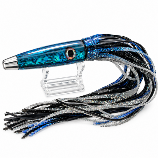 LMR Wahoo Trolling Dart Blue Abyss Black Ice 5 oz with black, blue and silver skirts