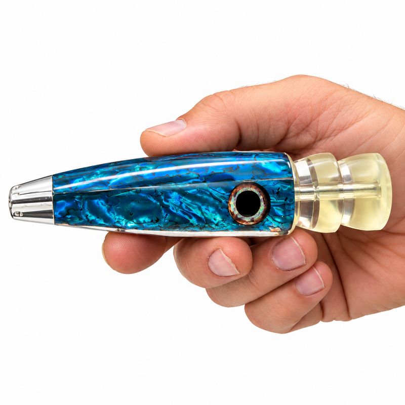 Load image into Gallery viewer, LMR Wahoo Trolling Dart Blue Abyss 5 oz blue abalone lure head close-up
