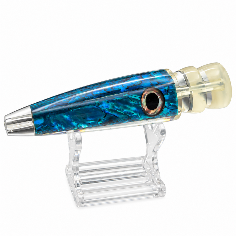 Load image into Gallery viewer, LMR Wahoo Trolling Dart Blue Abyss 5 oz blue abalone lure head side view
