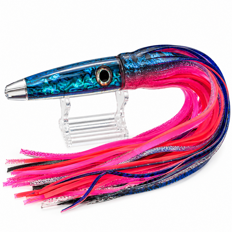 Load image into Gallery viewer, LMR Wahoo Trolling Dart Blue Abyss Hot Strike 5 oz with hot pink, blue, black and silver skirts
