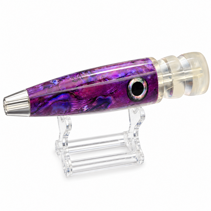 Load image into Gallery viewer, LMR Wahoo Trolling Dart Purple Reign 5 oz purple abalone lure head side view
