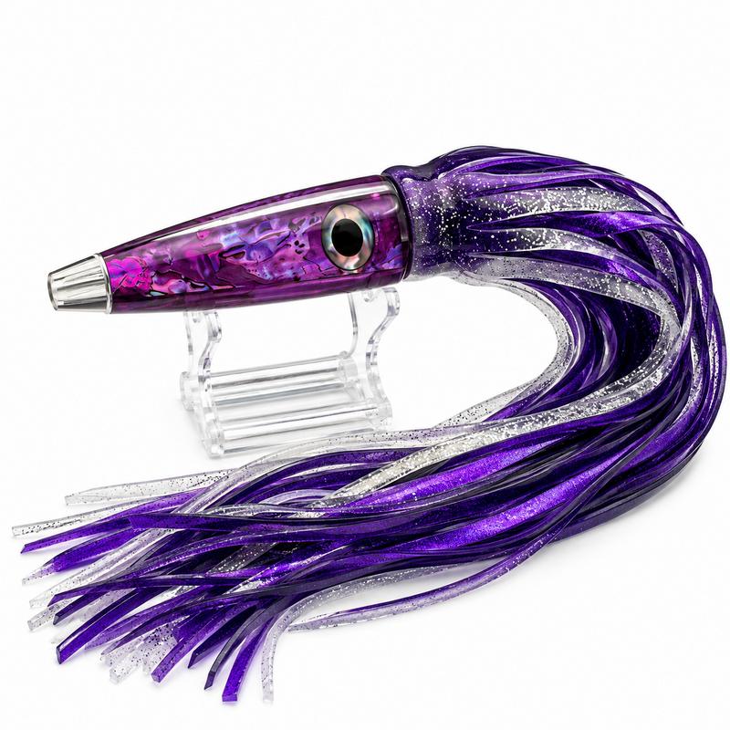 Load image into Gallery viewer, LMR Wahoo Trolling Dart Purple Reign Purple Storm 5 oz with purple and silver skirts
