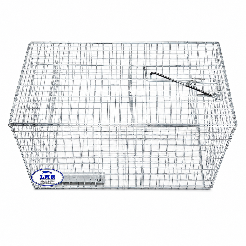 Load image into Gallery viewer, A rectangular silver wire mesh trap or cage with a metal latch on the top and a blue and white LMR logo sticker on the lower left front panel, shown on a plain white background.
