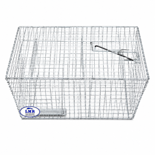 A rectangular silver wire mesh trap or cage with a metal latch on the top and a blue and white LMR logo sticker on the lower left front panel, shown on a plain white background.