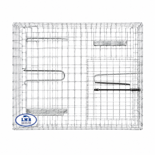 A square metal wire mesh rack or cage with integrated wire shelves and hooks, shown on a plain white background. A blue circular 'L.