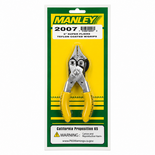 Manley 2007 5 inch Teflon Super Pliers with yellow grips in retail packaging