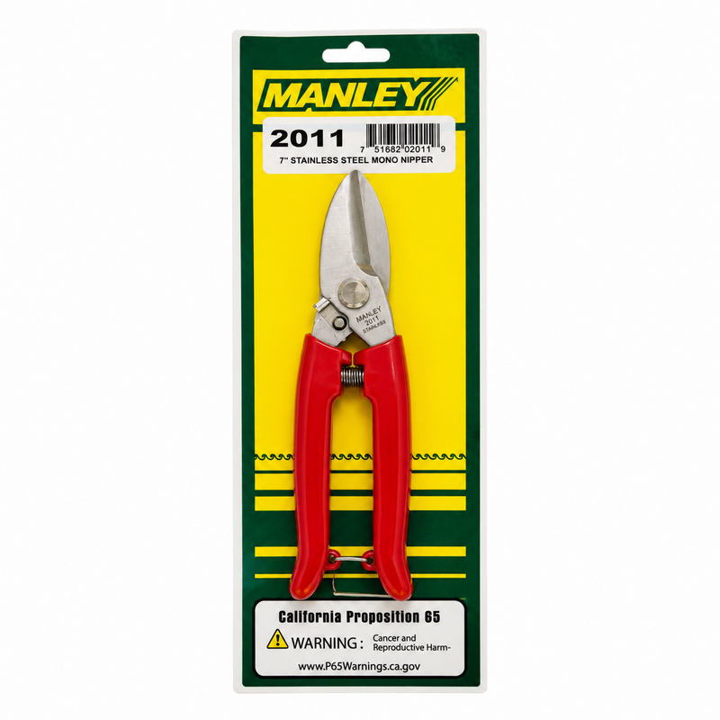 Load image into Gallery viewer, Manley 2011 7 inch stainless steel mono nipper with red grips in retail packaging
