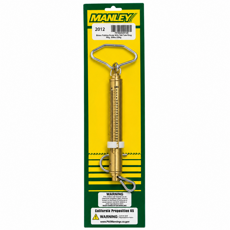 Load image into Gallery viewer, Manley 2012 50 lb brass fishing scale with Tell-Tale ring in retail packaging
