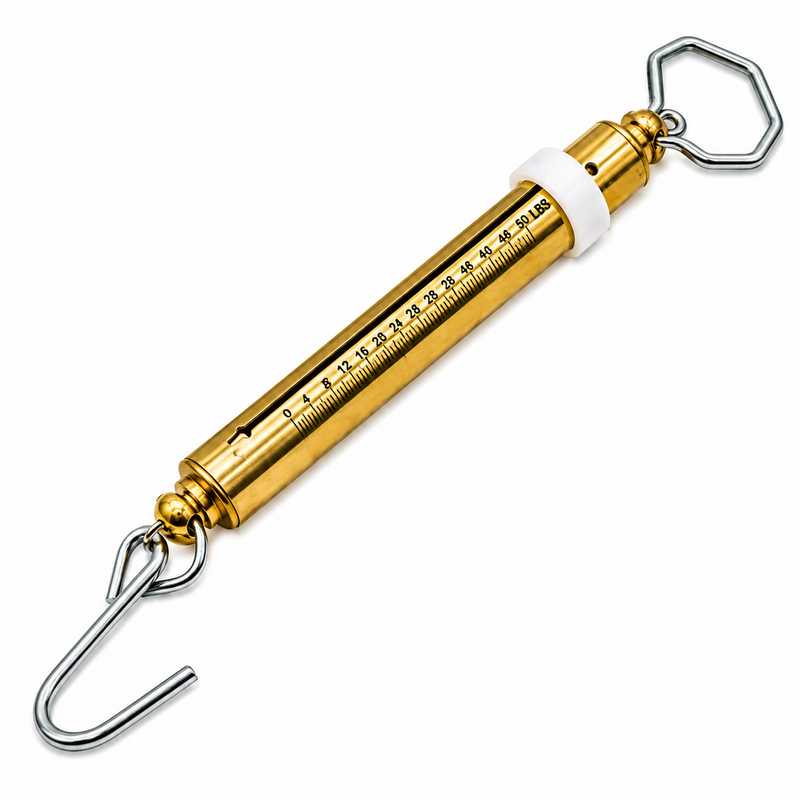 Load image into Gallery viewer, Manley 2012 50 lb brass fishing scale with Tell-Tale indicator ring and hanging hook
