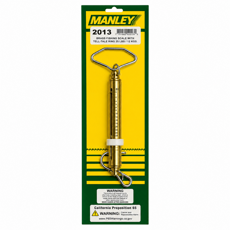Load image into Gallery viewer, Manley 2013 25 lb brass fishing scale with Tell-Tale ring in retail packaging
