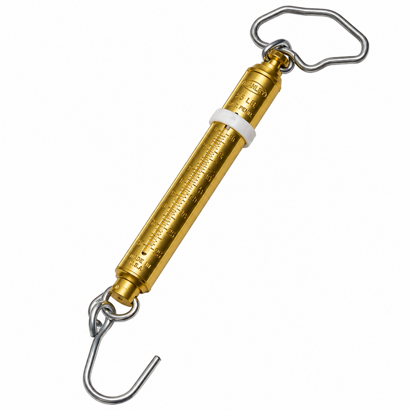 Load image into Gallery viewer, Manley 2013 25 lb brass fishing scale with Tell-Tale ring and hanging hook
