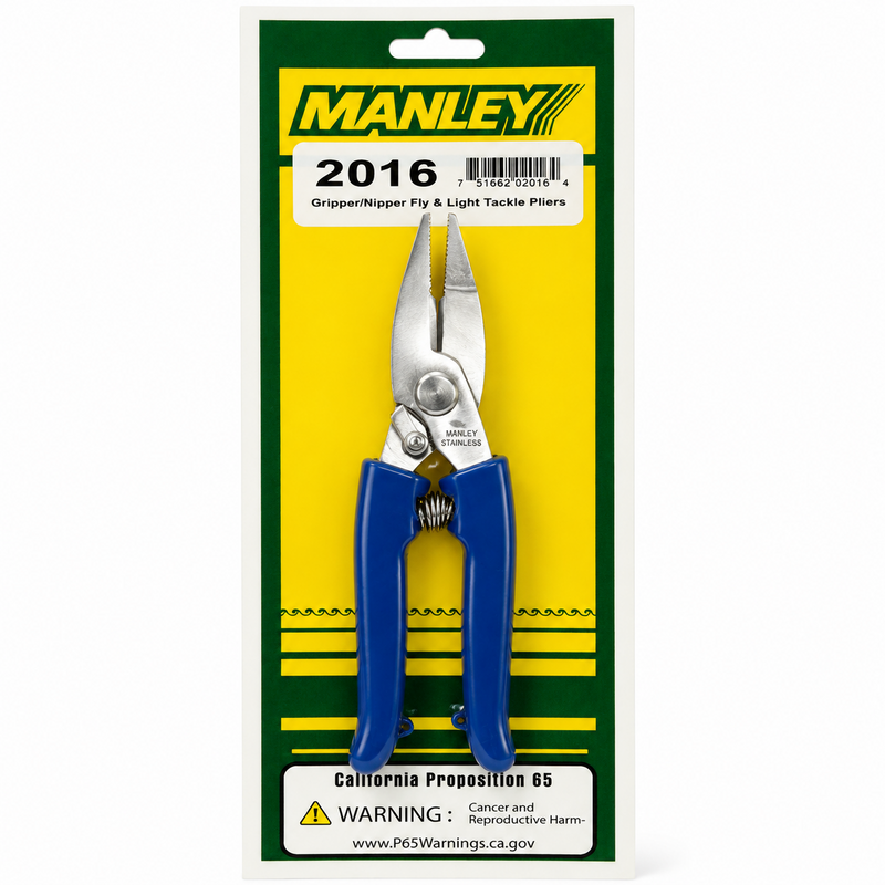 Load image into Gallery viewer, Manley 2016 Gripper/Nipper fly and light tackle pliers with blue grips in retail packaging
