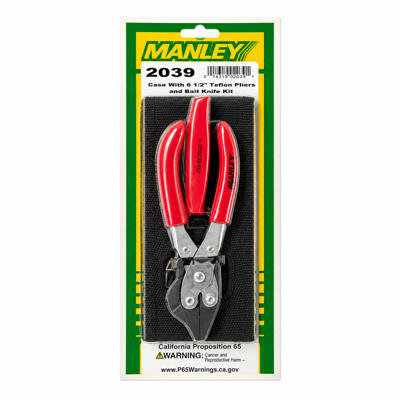 Load image into Gallery viewer, Manley 2039 6-1/2 inch Teflon pliers bait knife and clip-on case in retail packaging
