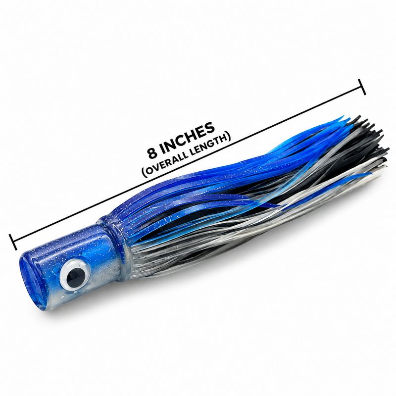 Load image into Gallery viewer, Mold Craft Standard Hooker 8-inch trolling lure in Blue White with glitter blue head, blue, black and silver skirt, showing overall length measurement.
