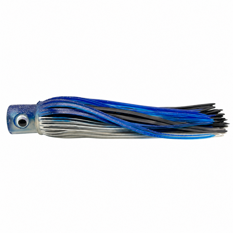 Load image into Gallery viewer, Mold Craft Blue White Standard Hooker 8-inch trolling lure with glitter blue head, 3D eye and blue, black and silver skirt, side view on white background.
