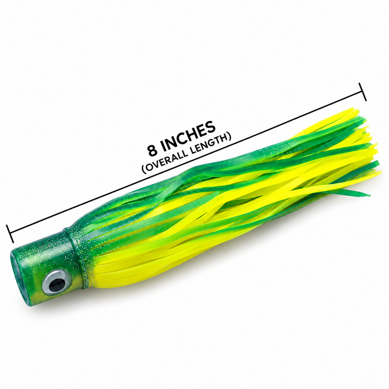 Load image into Gallery viewer, Mold Craft Standard Hooker 8-inch trolling lure in green and yellow with glitter green head, chartreuse skirt and overall length measurement.
