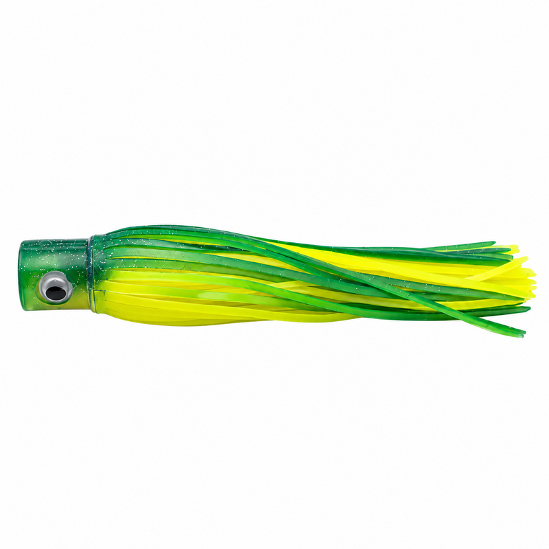 Load image into Gallery viewer, Mold Craft Standard Hooker 8-inch trolling lure in Green Yellow with glitter green head, 3D eye and bright green and chartreuse skirt, side view on white background.

