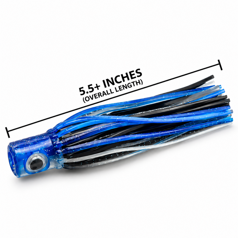 Load image into Gallery viewer, Mold Craft Little Hook Blue/Black/Silver trolling lure showing 5.5-inch overall length measurement, featuring a blue glitter head and blue, black, and silver skirt.
