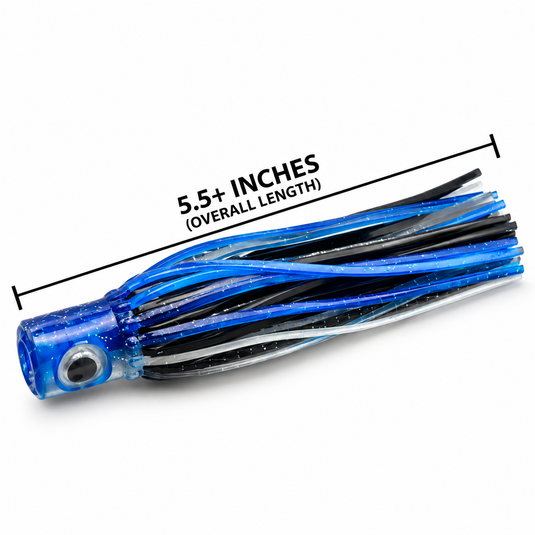 Mold Craft Little Hook Blue/Black/Silver trolling lure showing 5.5-inch overall length measurement, featuring a blue glitter head and blue, black, and silver skirt.