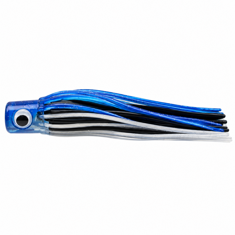 Load image into Gallery viewer, Side view of Mold Craft Little Hook 5.5-inch Blue/Black/Silver trolling lure with a translucent blue head, reflective eye, and blue, black, and silver skirt on a white background.
