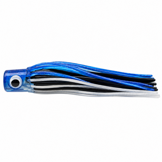 Side view of Mold Craft Little Hook 5.5-inch Blue/Black/Silver trolling lure with a translucent blue head, reflective eye, and blue, black, and silver skirt on a white background.