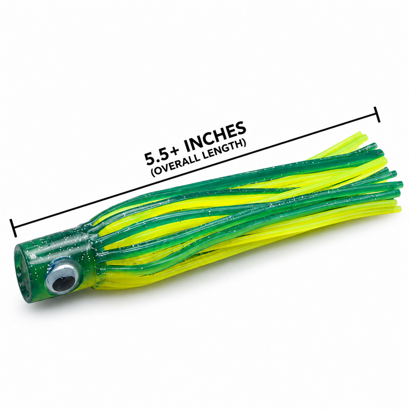 Load image into Gallery viewer, Mold Craft Little Hook Green/Chartreuse trolling lure showing 5.5-inch overall length measurement, featuring a green glitter head and bright green and chartreuse skirt.
