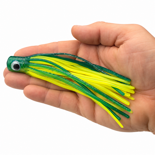 Mold Craft Little Hook 5.5-inch Green/Chartreuse trolling lure displayed in hand for size reference, featuring a glitter green head and bright chartreuse and green skirt.