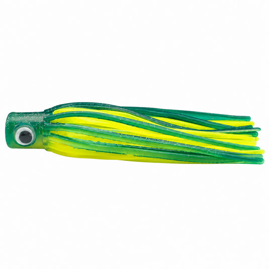 Side view of Mold Craft Little Hook 5.5-inch Green/Chartreuse trolling lure with a green glitter head, reflective eye, and neon chartreuse and green skirt on a white background.