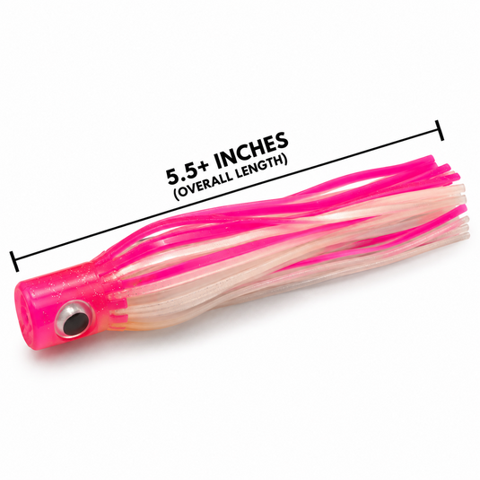 Mold Craft Little Hook Pink/White trolling lure with 5.5-inch overall length measurement, featuring a bright pink head and pink and white skirt.