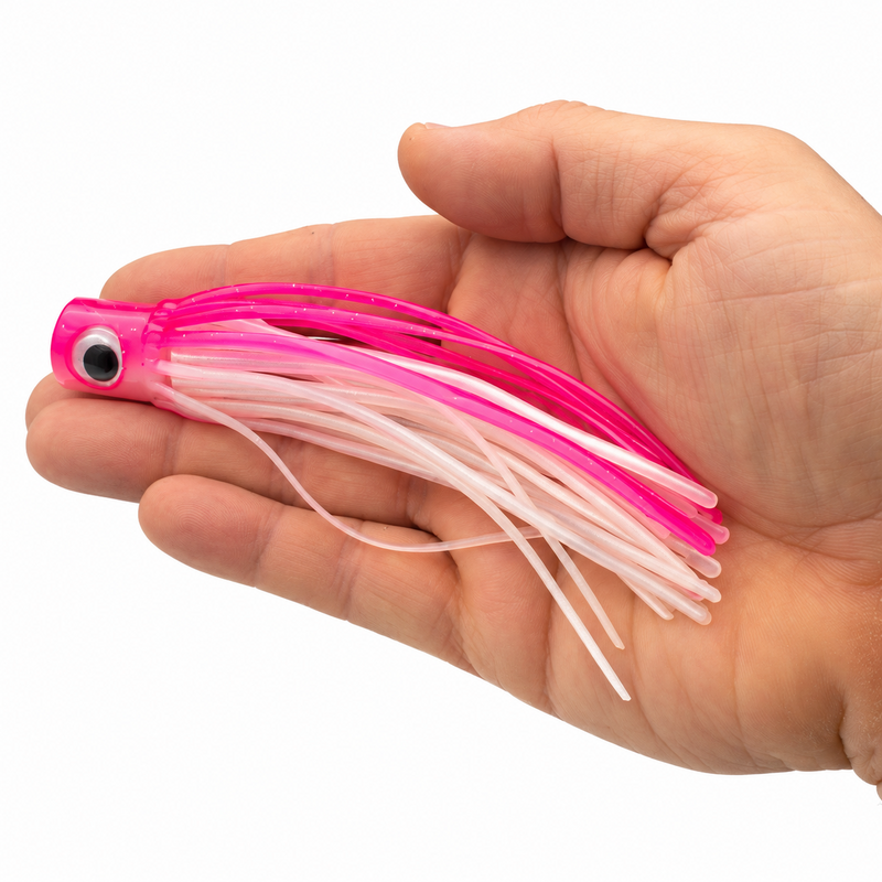 Load image into Gallery viewer, Mold Craft Little Hook 5.5-inch Pink/White trolling lure displayed in hand for size reference, featuring a bright pink head and pink and white skirt.
